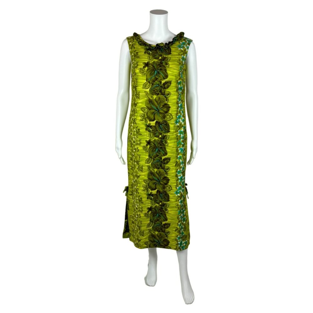 Vintage 70s Hawaiian Dress Women's Small Tropical Green Blue Hibiscus Print Shif